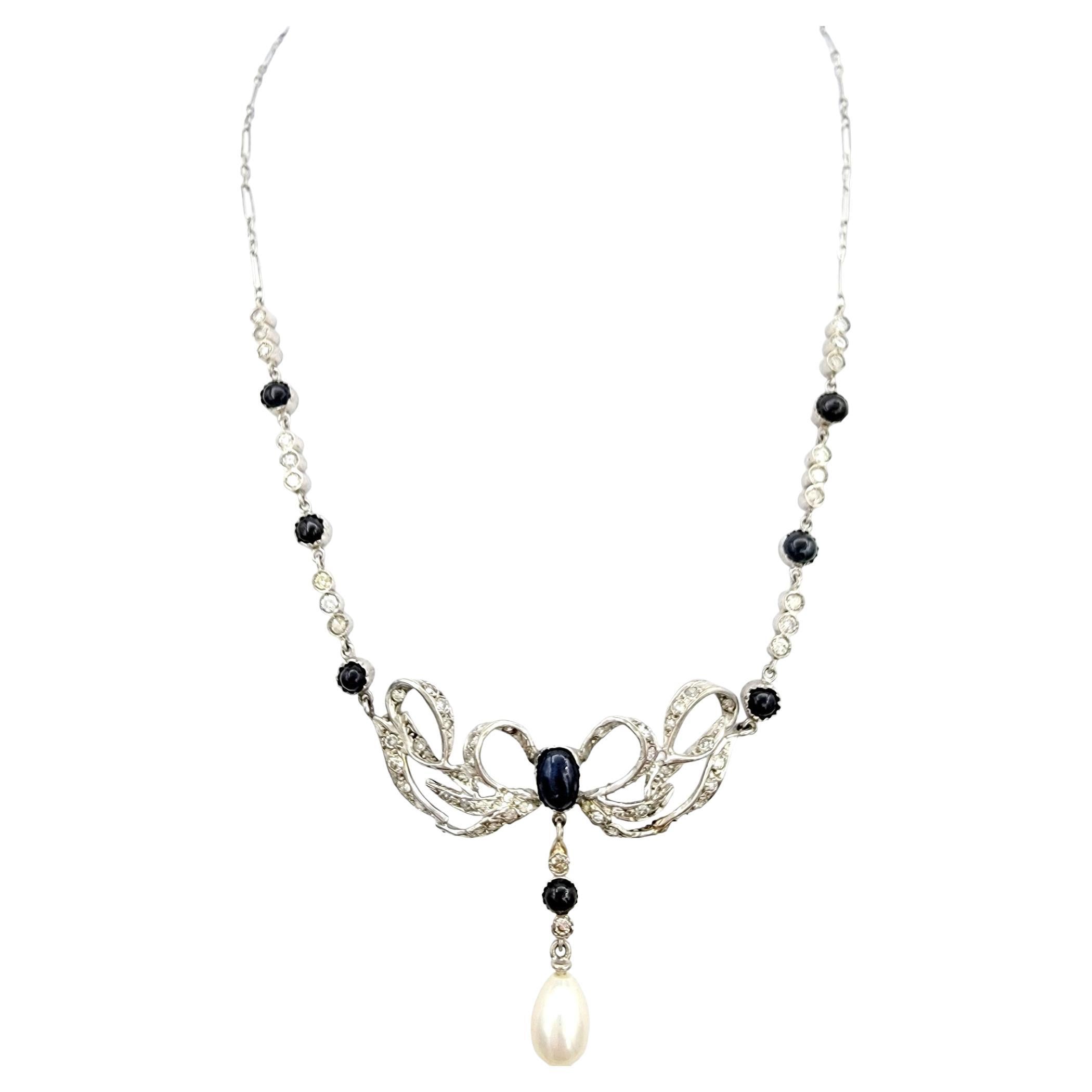 Vintage Diamond, Sapphire and Cultured Pearl Drop Necklace Set in Platinum For Sale