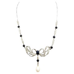Retro Diamond, Sapphire and Cultured Pearl Drop Necklace Set in Platinum