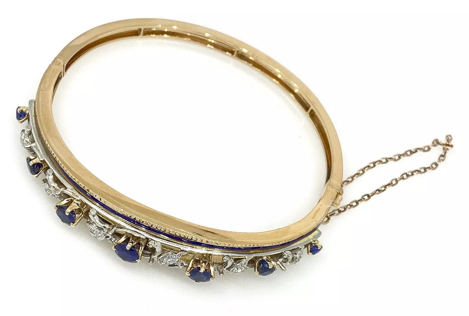 Taille vieille mine Bracelet vintage en or 14k avec diamants, saphirs et émail en vente