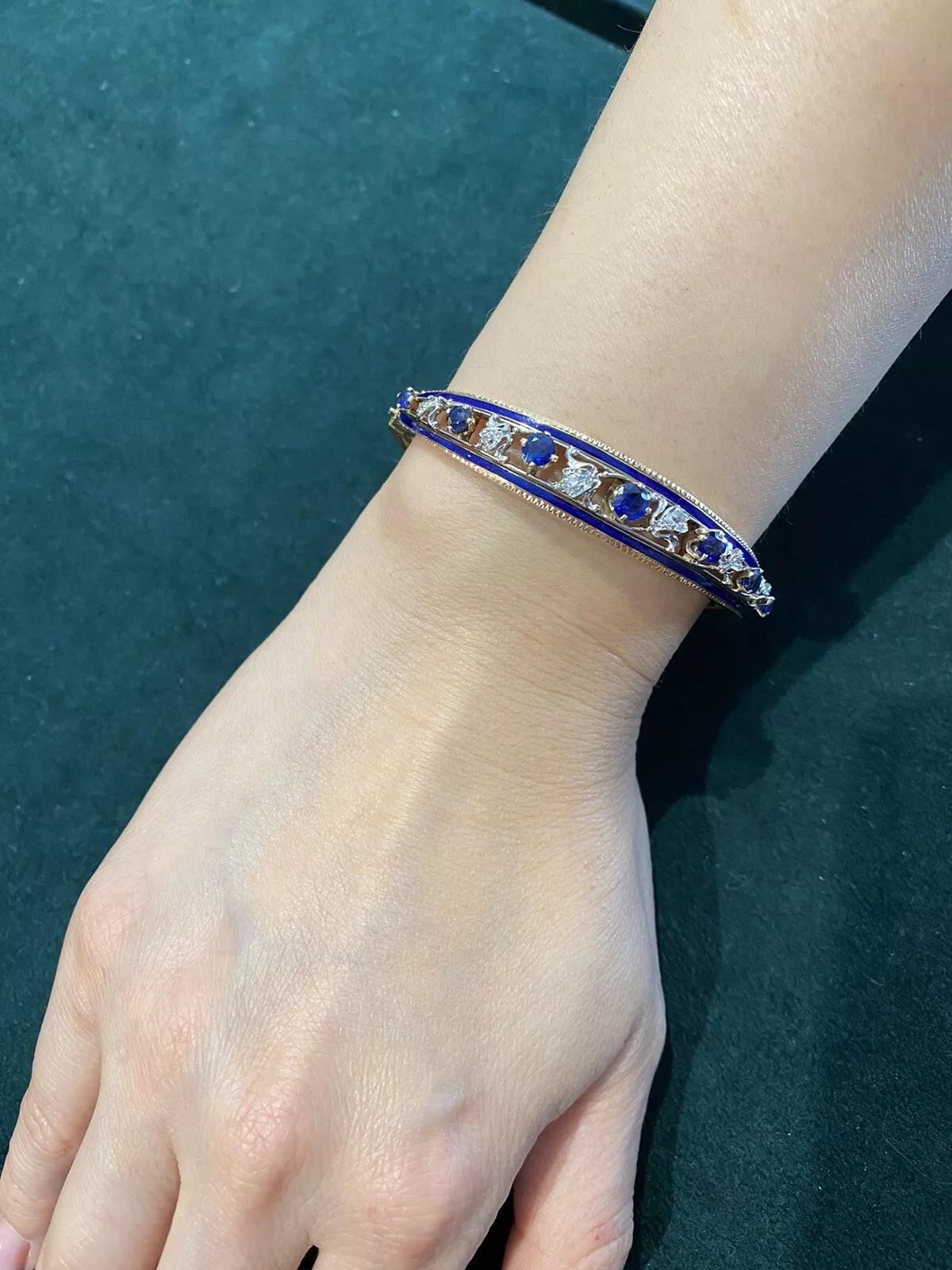 Bracelet vintage en or 14k avec diamants, saphirs et émail Pour femmes en vente