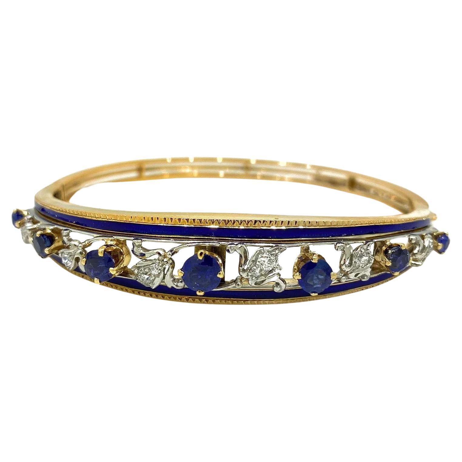 Vintage Diamond, Sapphire, and Enamel Bangle Bracelet in 14k Gold