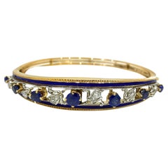 Vintage Diamond, Sapphire, and Enamel Bangle Bracelet in 14k Gold