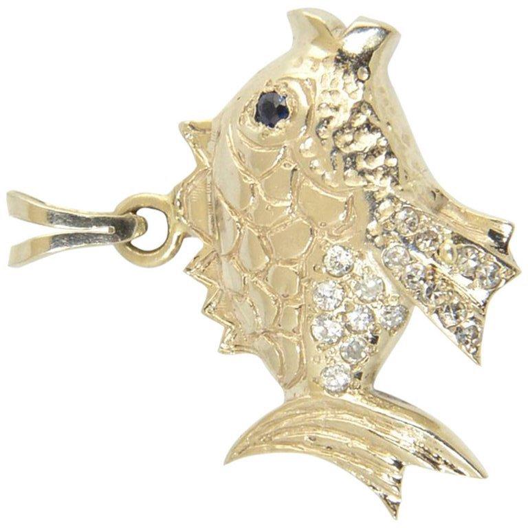 Round Cut Vintage Diamond Sapphire and Gold Fish Charm Pendant