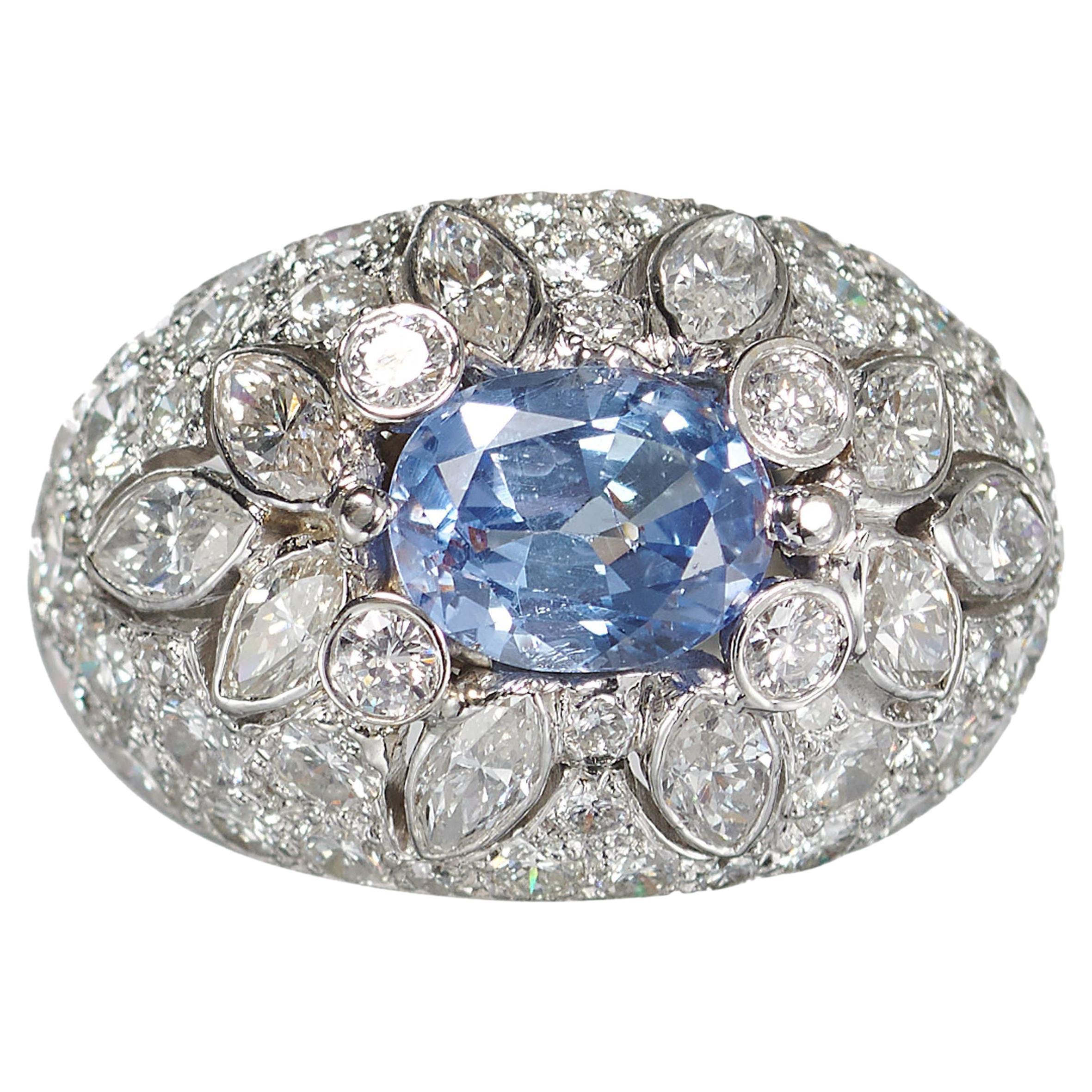 Vintage Diamond, Sapphire And Platinum Bombé Ring, Circa 1960 For Sale