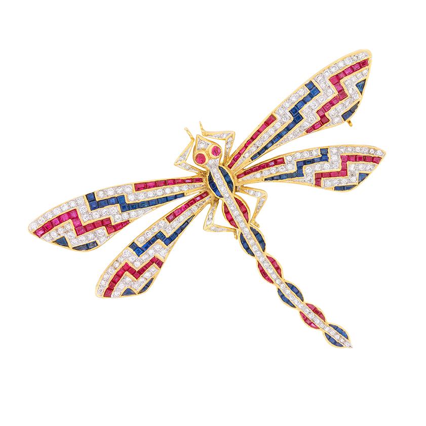 Vintage Diamond, Sapphire and Ruby Dragonfly Brooch, circa 1950s In Excellent Condition In London, GB