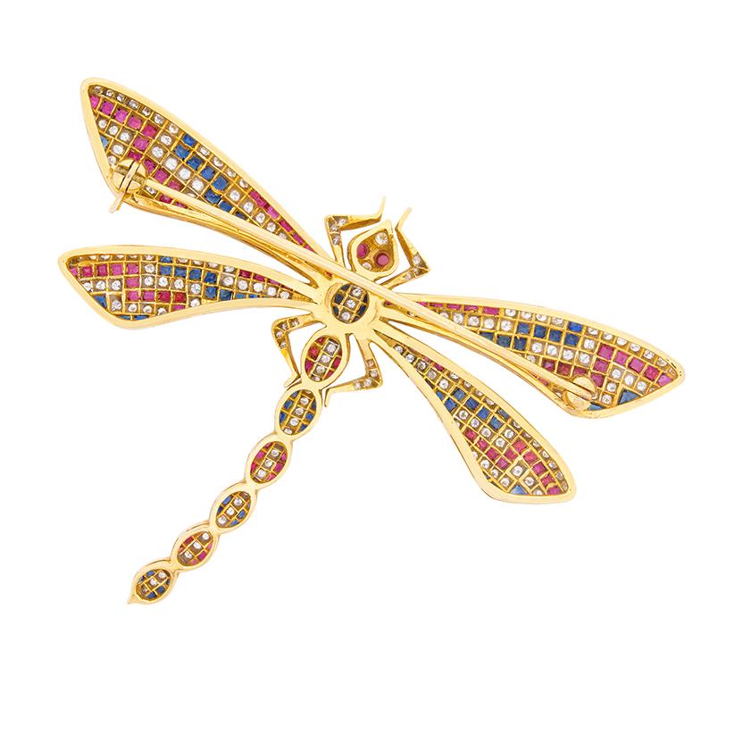 Women's or Men's Vintage Diamond, Sapphire and Ruby Dragonfly Brooch, circa 1950s