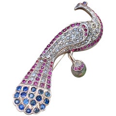 Vintage Diamond, Sapphire and Ruby Peacock 14 Karat Yellow Gold on Silver Brooch
