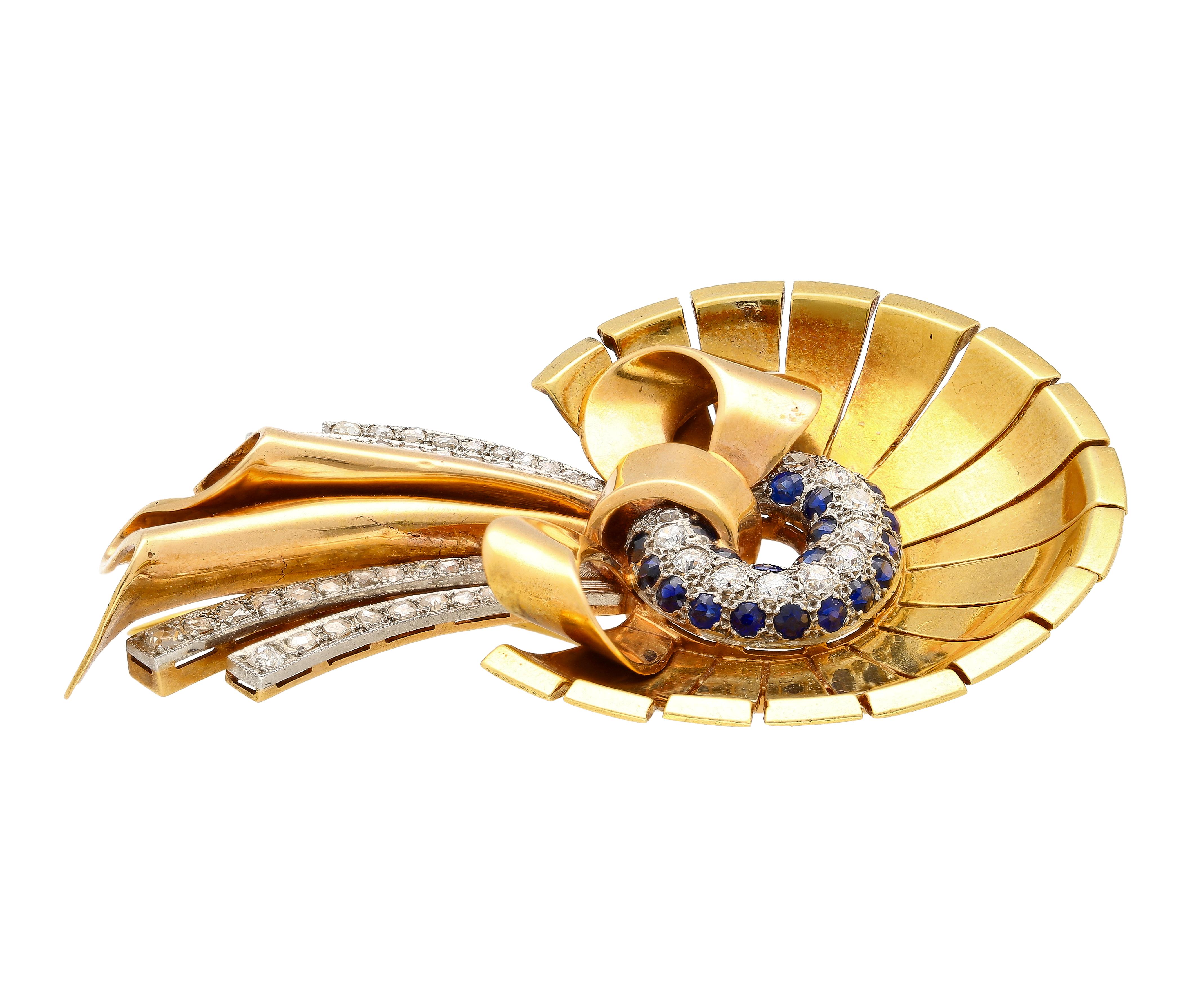 Round Cut Vintage Diamond & Sapphire Bonnet & Ribbon Brooch in 18K Rose & Yellow Gold  For Sale