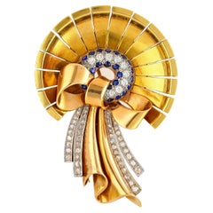Vintage Diamond & Sapphire Bonnet & Ribbon Brooch in 18K Rose & Yellow Gold 