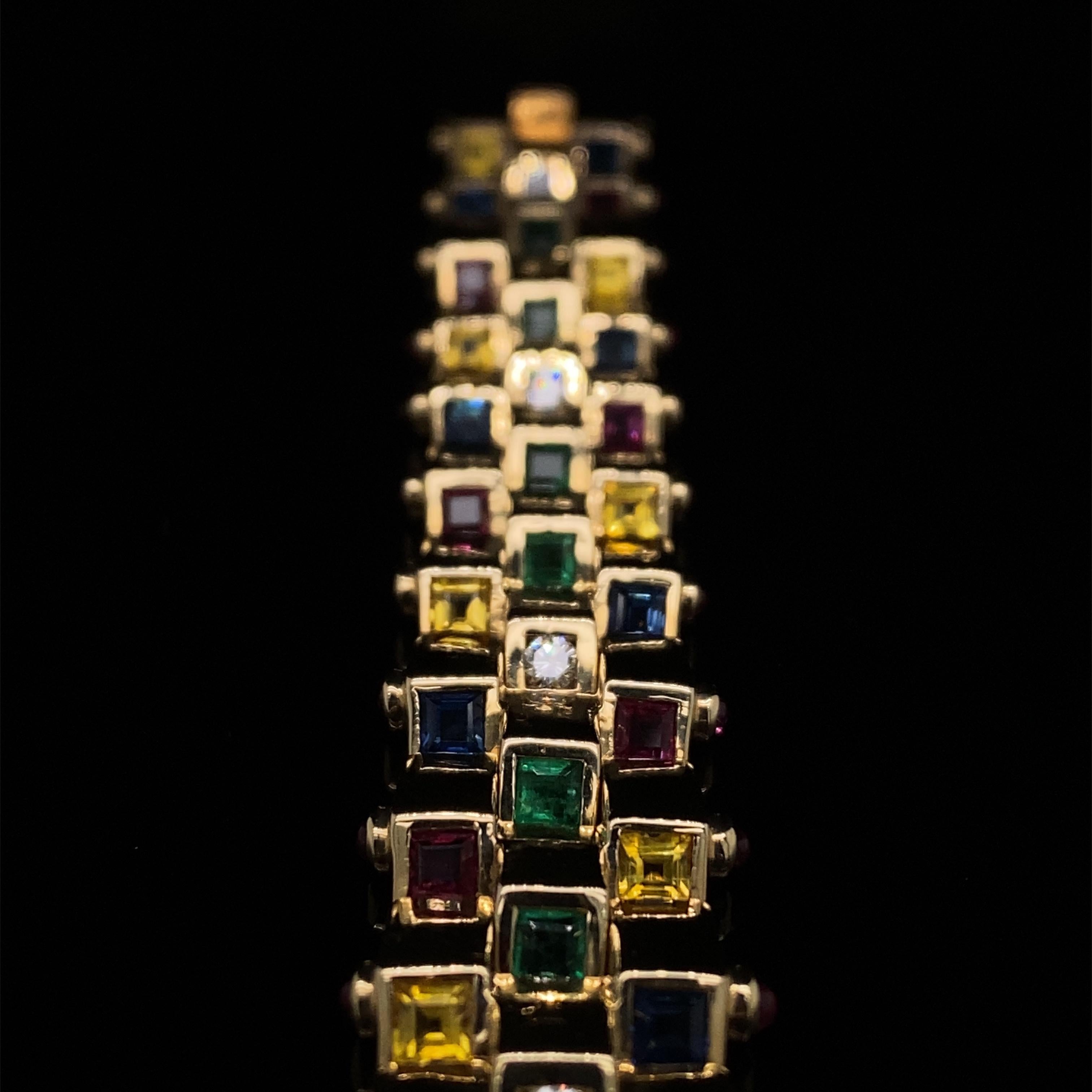 Women's Vintage Diamond, Sapphire, Emerald Ruby Bracelet 18 Karat Yellow Gold Circa 1960 For Sale