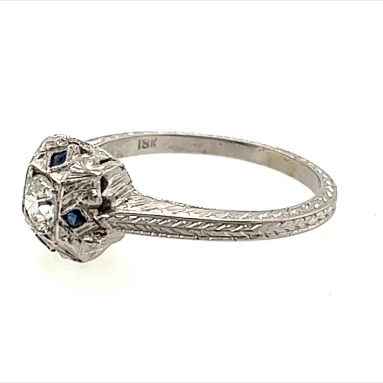 Art Deco Vintage Diamond Sapphire Engagement Ring .45ct 18K Deco Antique Original 1920's- For Sale