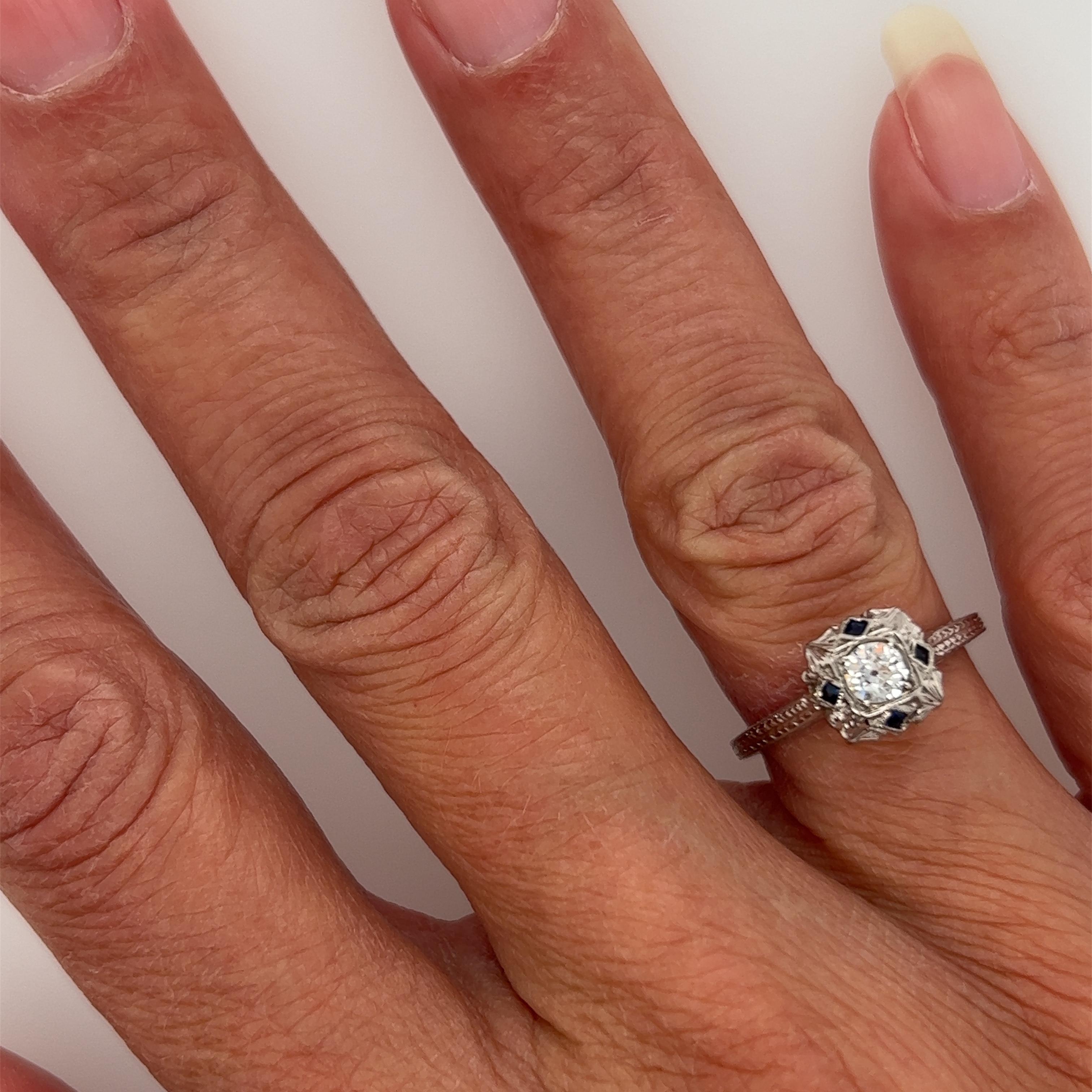 Vintage Diamond Sapphire Engagement Ring .45ct 18K Deco Antique Original 1920's- For Sale 1