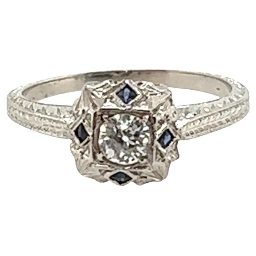 Vintage Diamond Sapphire Engagement Ring .45ct 18K Deco Antique Original 1920's- For Sale