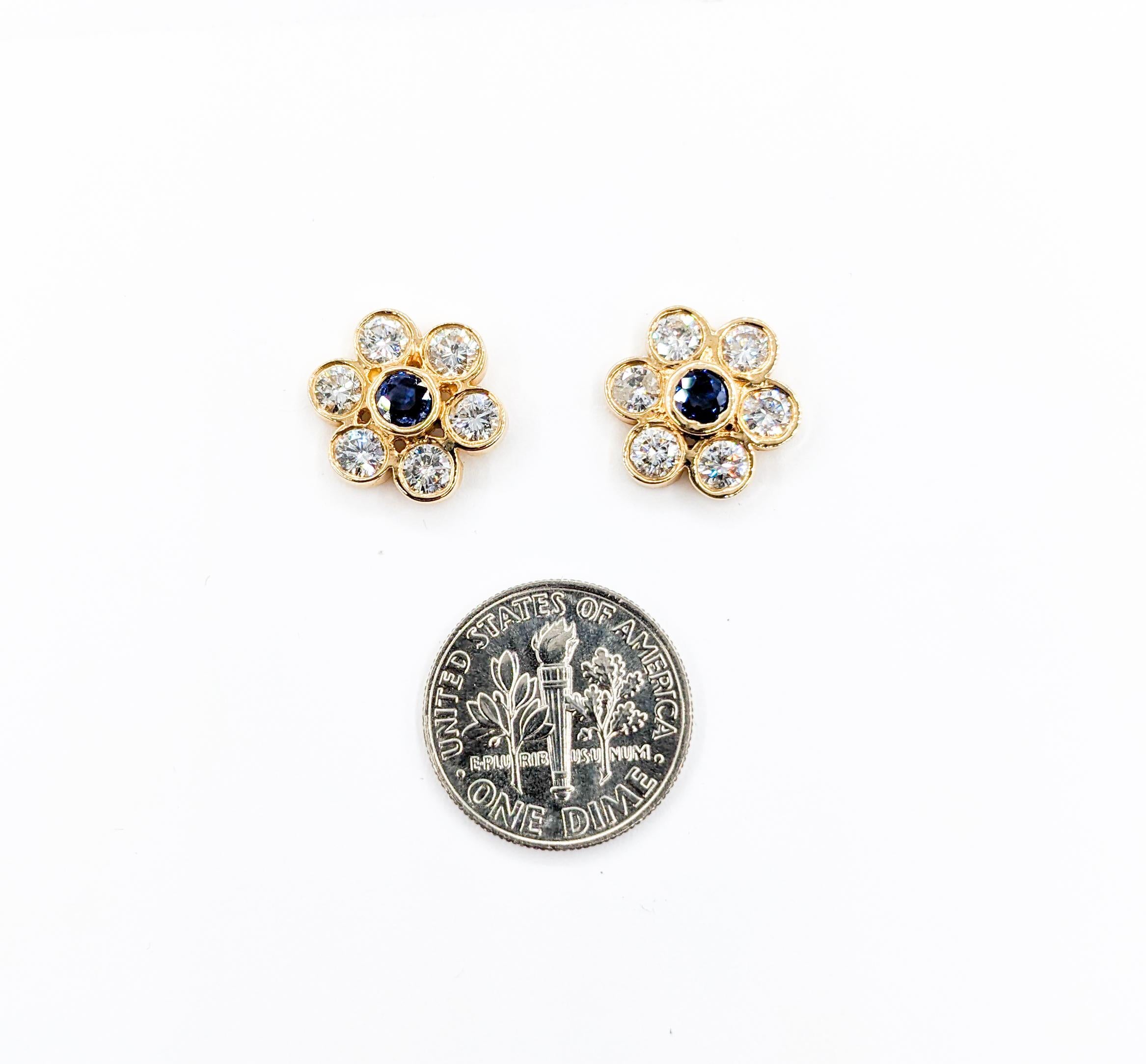 Retro Vintage Diamond & Sapphire Floral Stud Earrings in 14K Gold For Sale