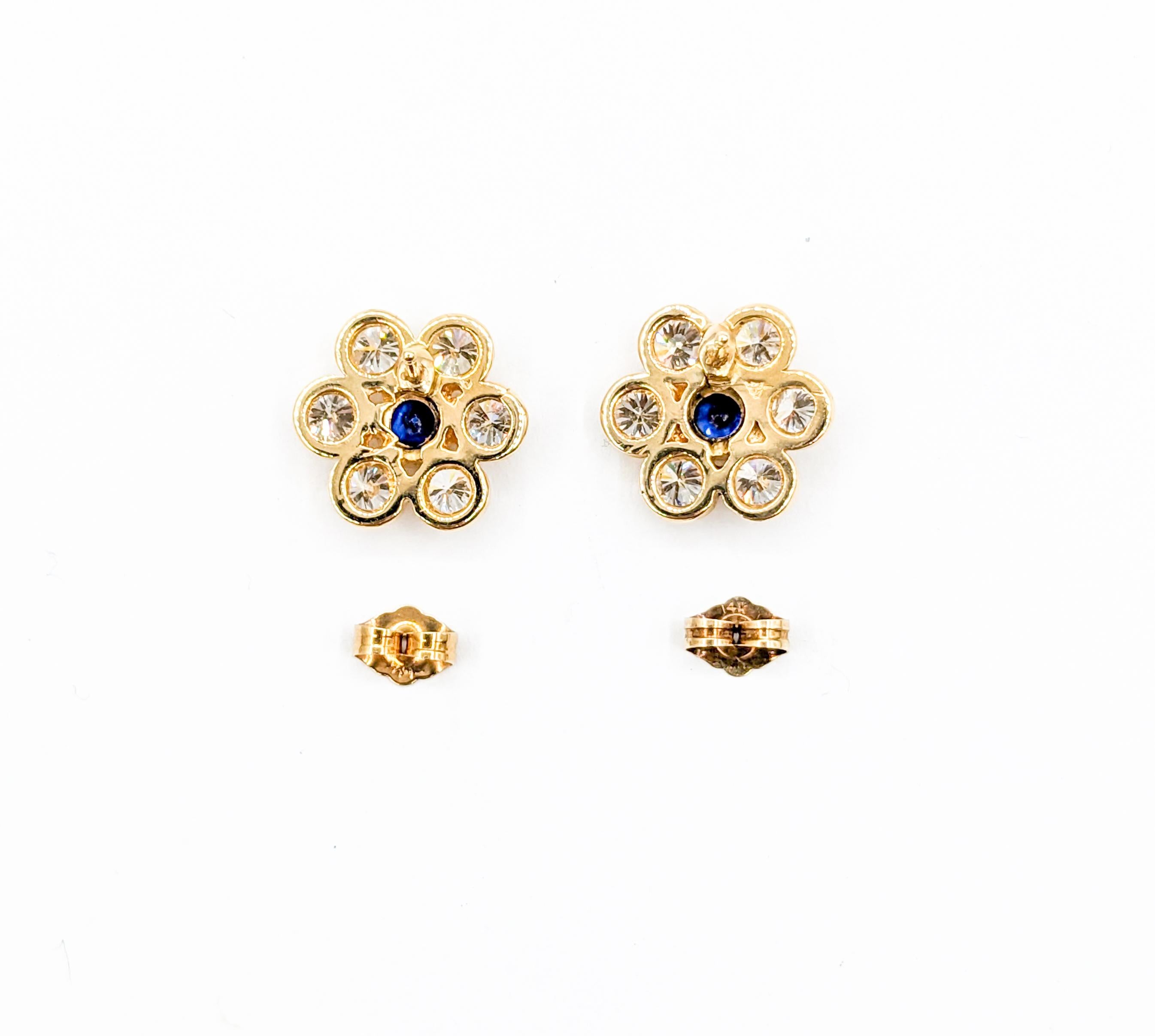 Vintage Diamond & Sapphire Floral Stud Earrings in 14K Gold In Excellent Condition For Sale In Bloomington, MN