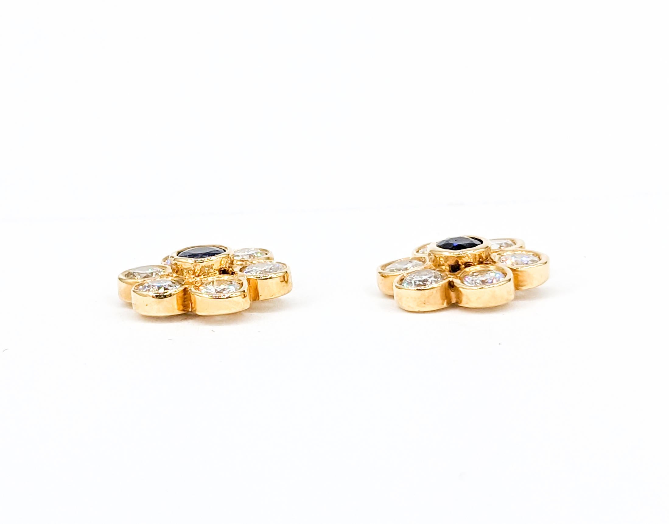 Women's Vintage Diamond & Sapphire Floral Stud Earrings in 14K Gold For Sale
