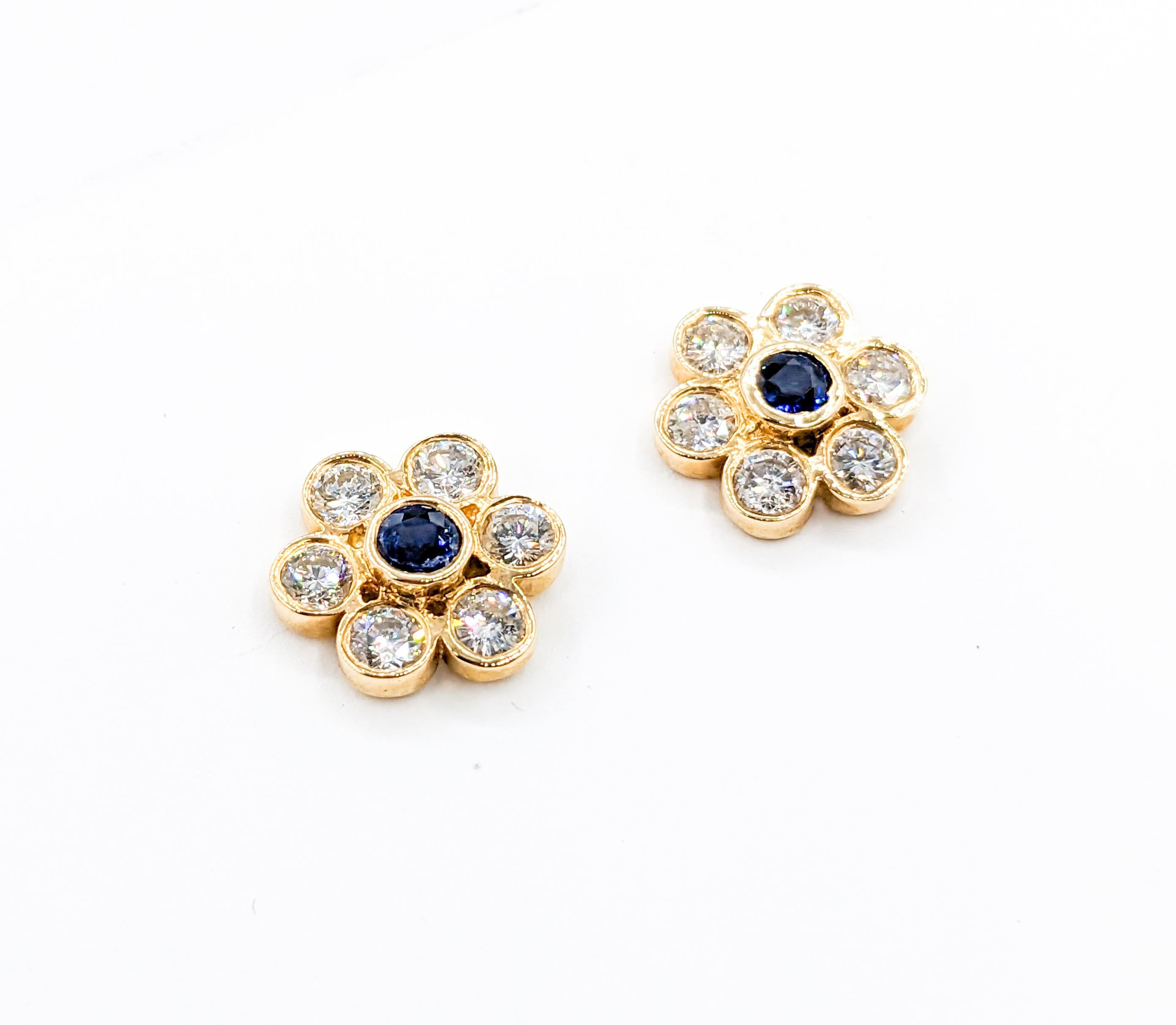 Vintage Diamond & Sapphire Floral Stud Earrings in 14K Gold For Sale 1