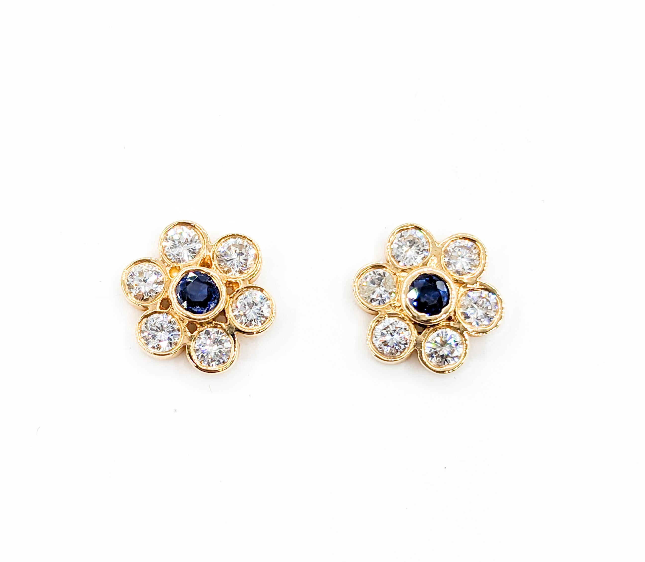 Vintage Diamond & Sapphire Floral Stud Earrings in 14K Gold For Sale 2