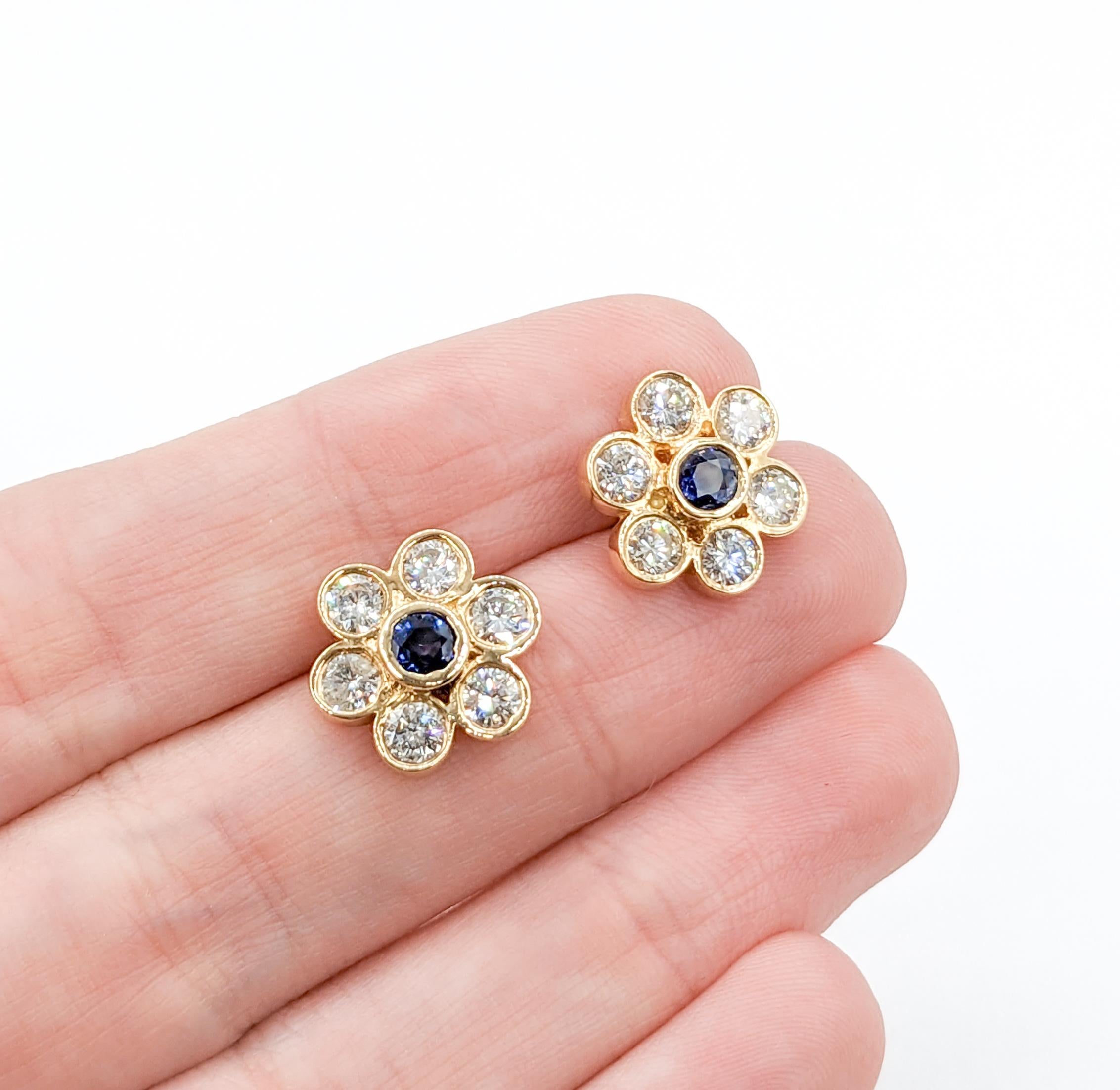 Vintage Diamond & Sapphire Floral Stud Earrings in 14K Gold For Sale 3