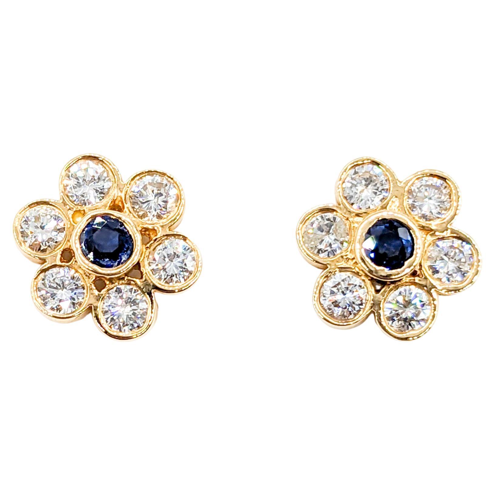 Vintage Diamond & Sapphire Floral Stud Earrings in 14K Gold For Sale