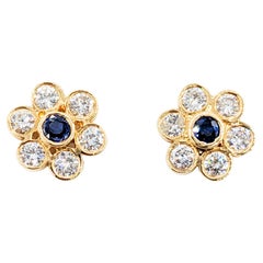 Retro Diamond & Sapphire Floral Stud Earrings in 14K Gold