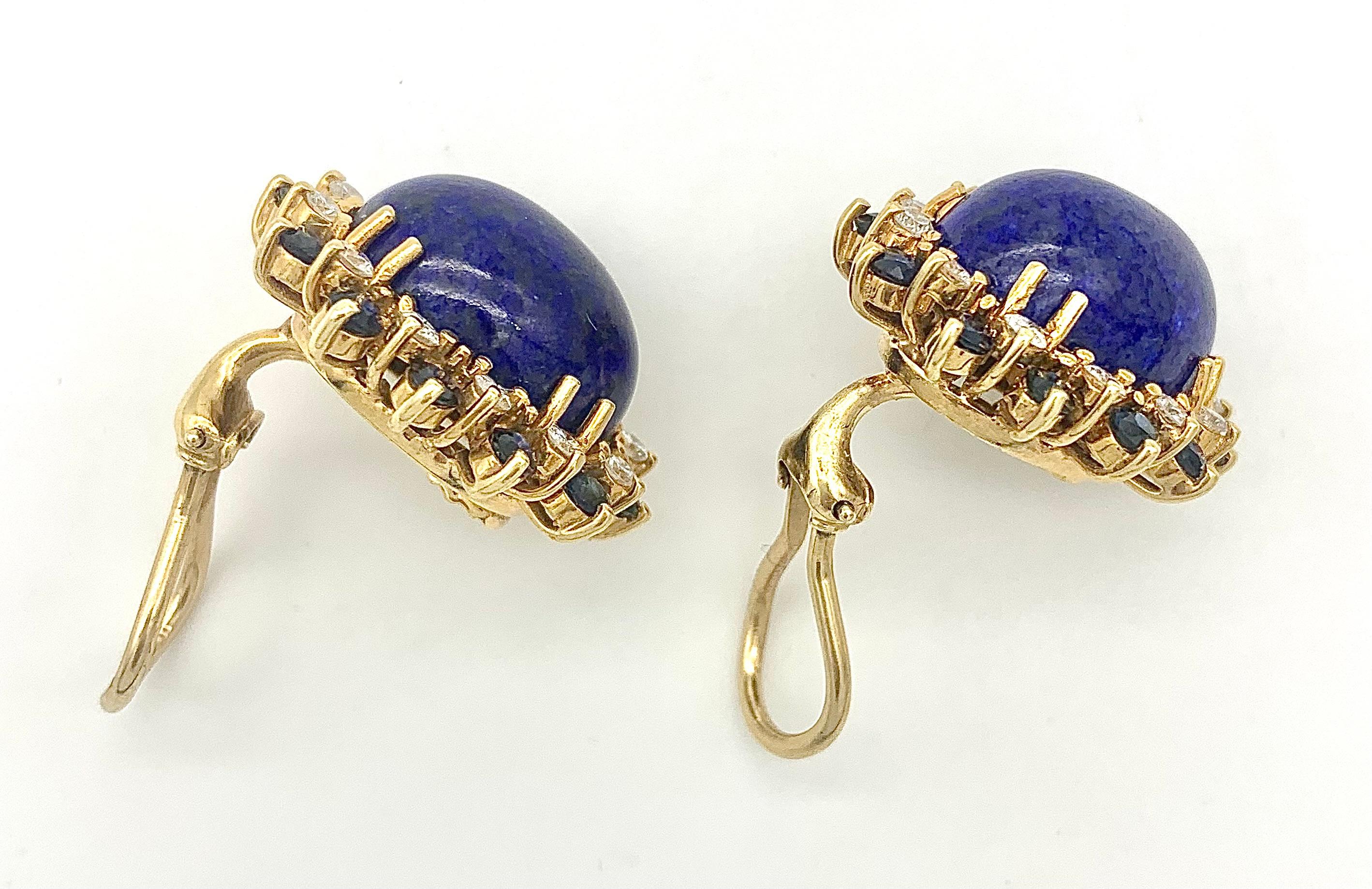 Modern Vintage Diamond Sapphire Lapis Lazuli Cabochon Gold Clip-On-Earrings  For Sale
