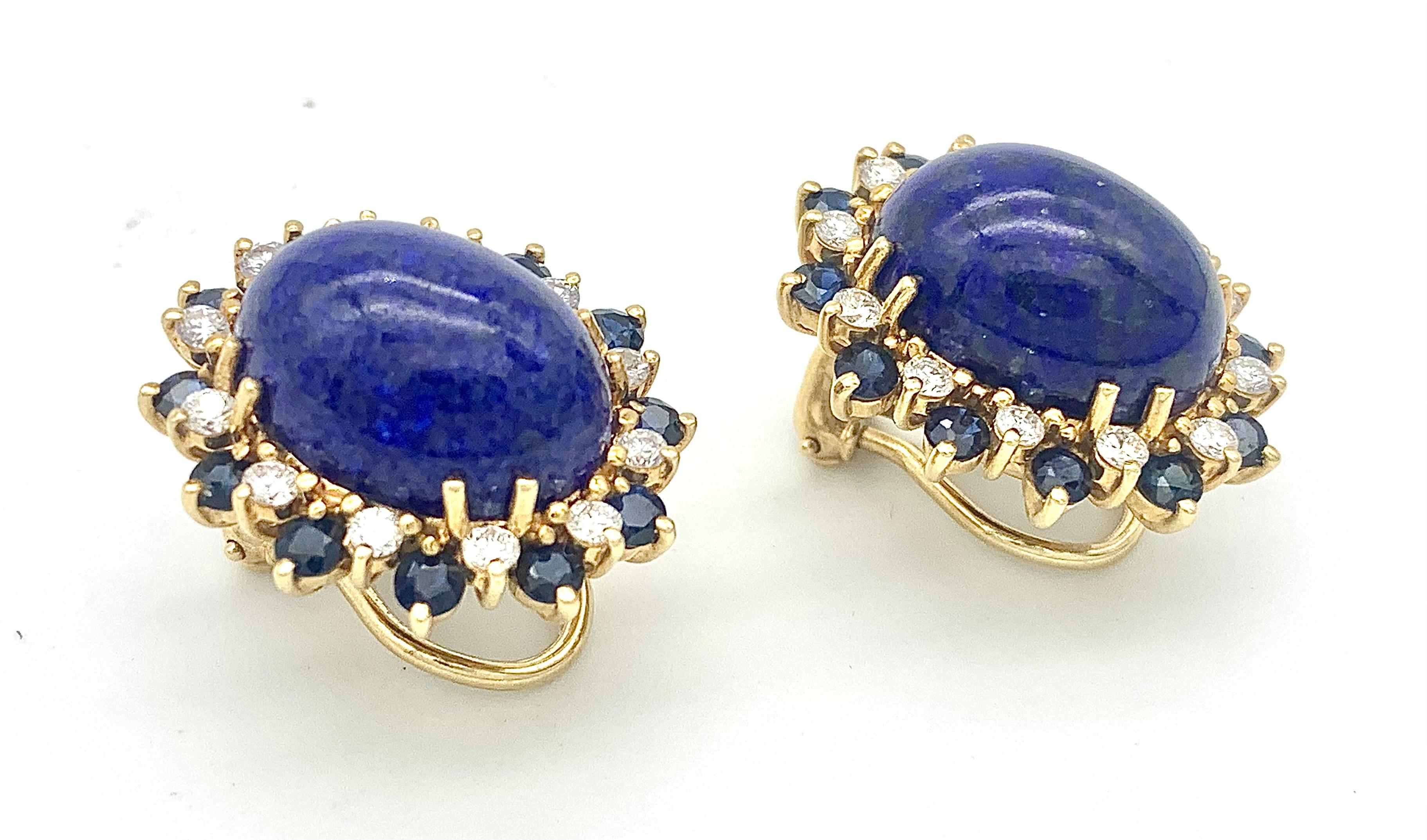 Round Cut Vintage Diamond Sapphire Lapis Lazuli Cabochon Gold Clip-On-Earrings  For Sale
