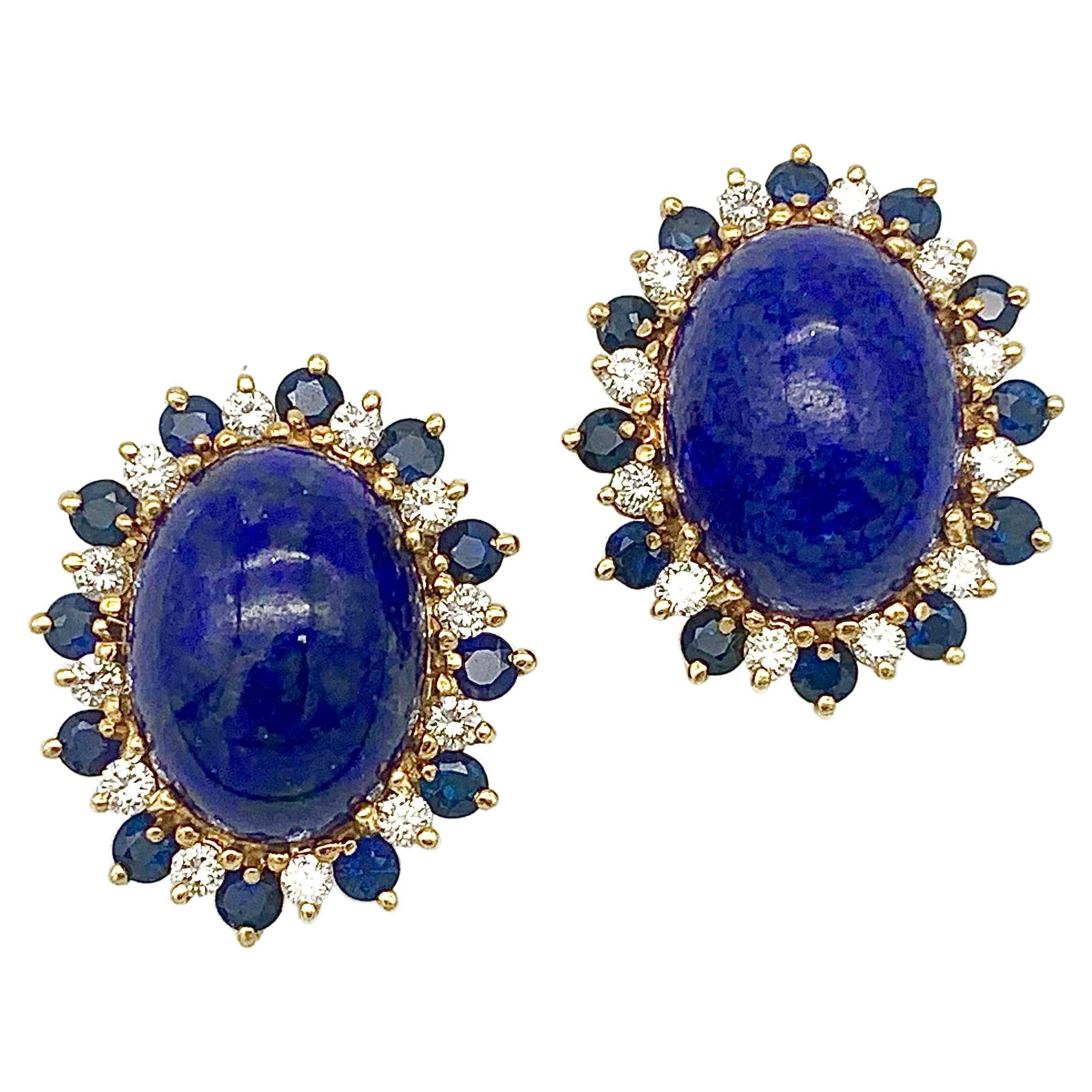 Vintage Diamond Sapphire Lapis Lazuli Cabochon Gold Clip-On-Earrings  For Sale