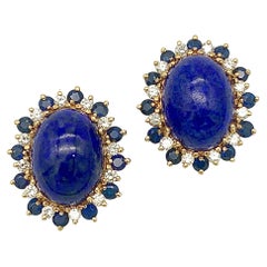 Vintage Diamond Sapphire Lapis Lazuli Cabochon Gold Clip-On-Earrings 