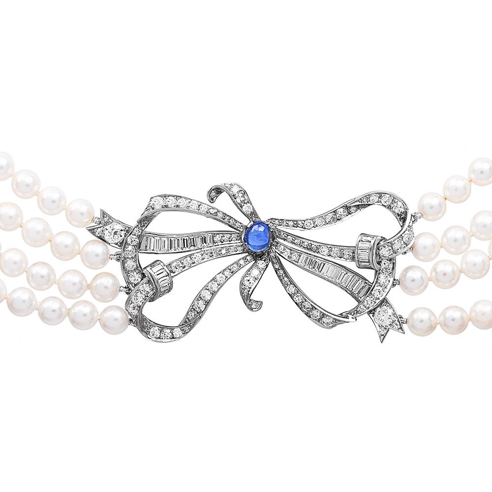 Round Cut Vintage Diamond Sapphire Platinum Bow Pendant Multi Strand Pearl Necklace For Sale