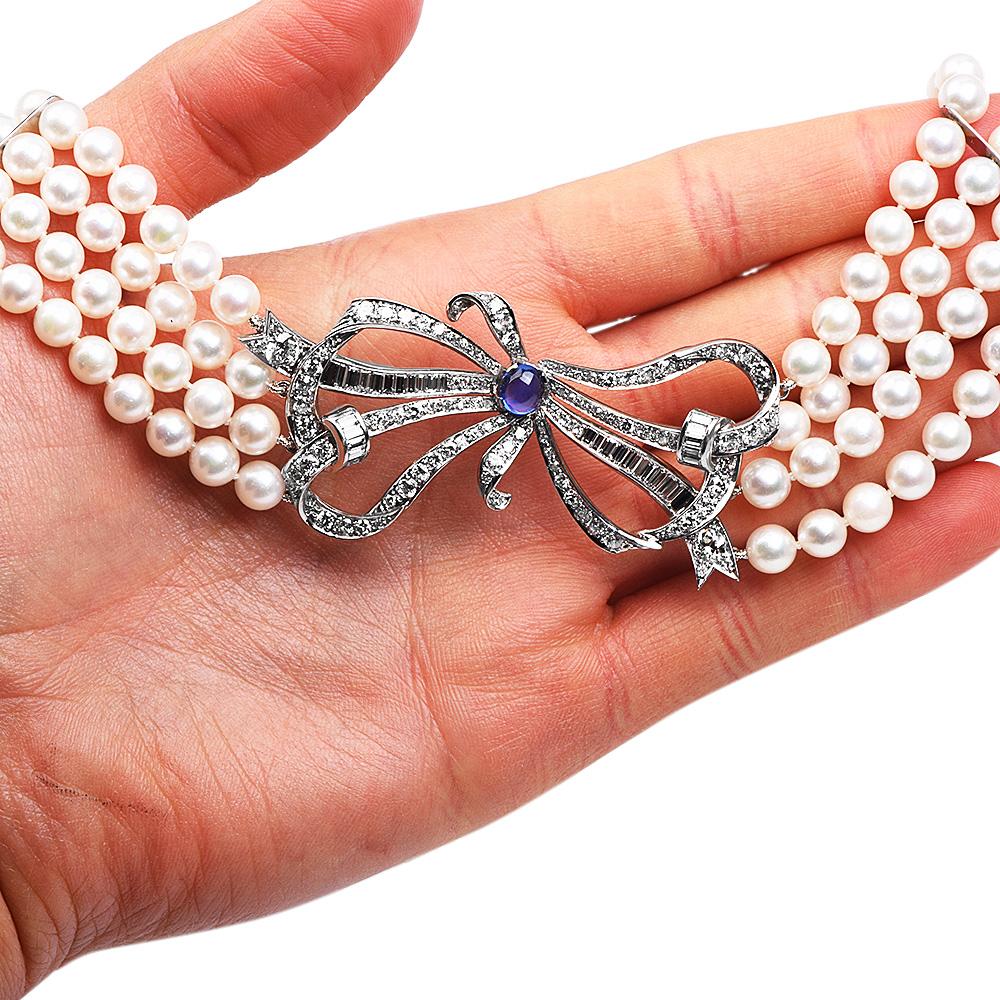 Women's Vintage Diamond Sapphire Platinum Bow Pendant Multi Strand Pearl Necklace For Sale