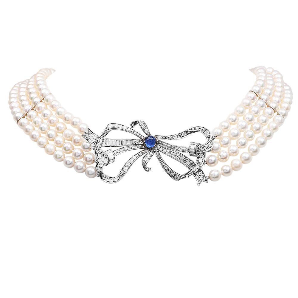 Vintage Diamond Sapphire Platinum Bow Pendant Multi Strand Pearl Necklace For Sale