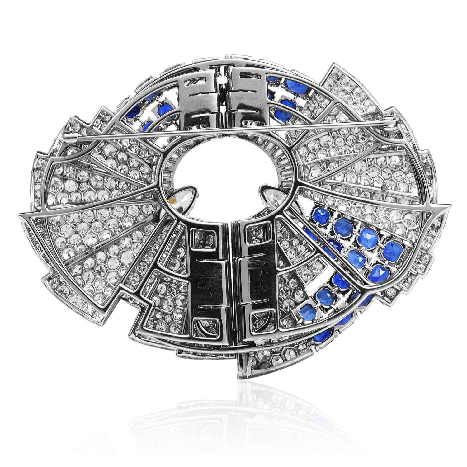 Women's Vintage Diamond Sapphire Platinum Double Clip Crown Brooch Pin