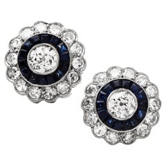 Vintage Diamond Sapphire Platinum Halo Studs Earrings