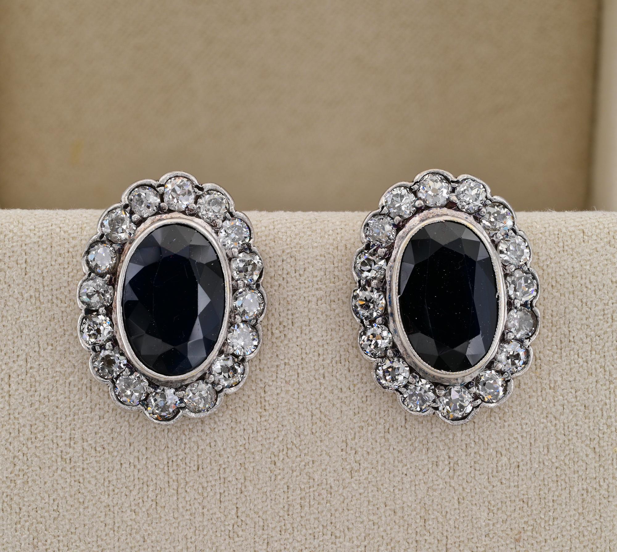 Art Deco Diamond Sapphire latter modified into earclips, top are of solid Platinum, ear back clips are 18 KT white gold
Approx. 8.40 Ct of midnight Blue natural untreated Sapphires – assesed by our expert team
Diamonds are old European cut approx.