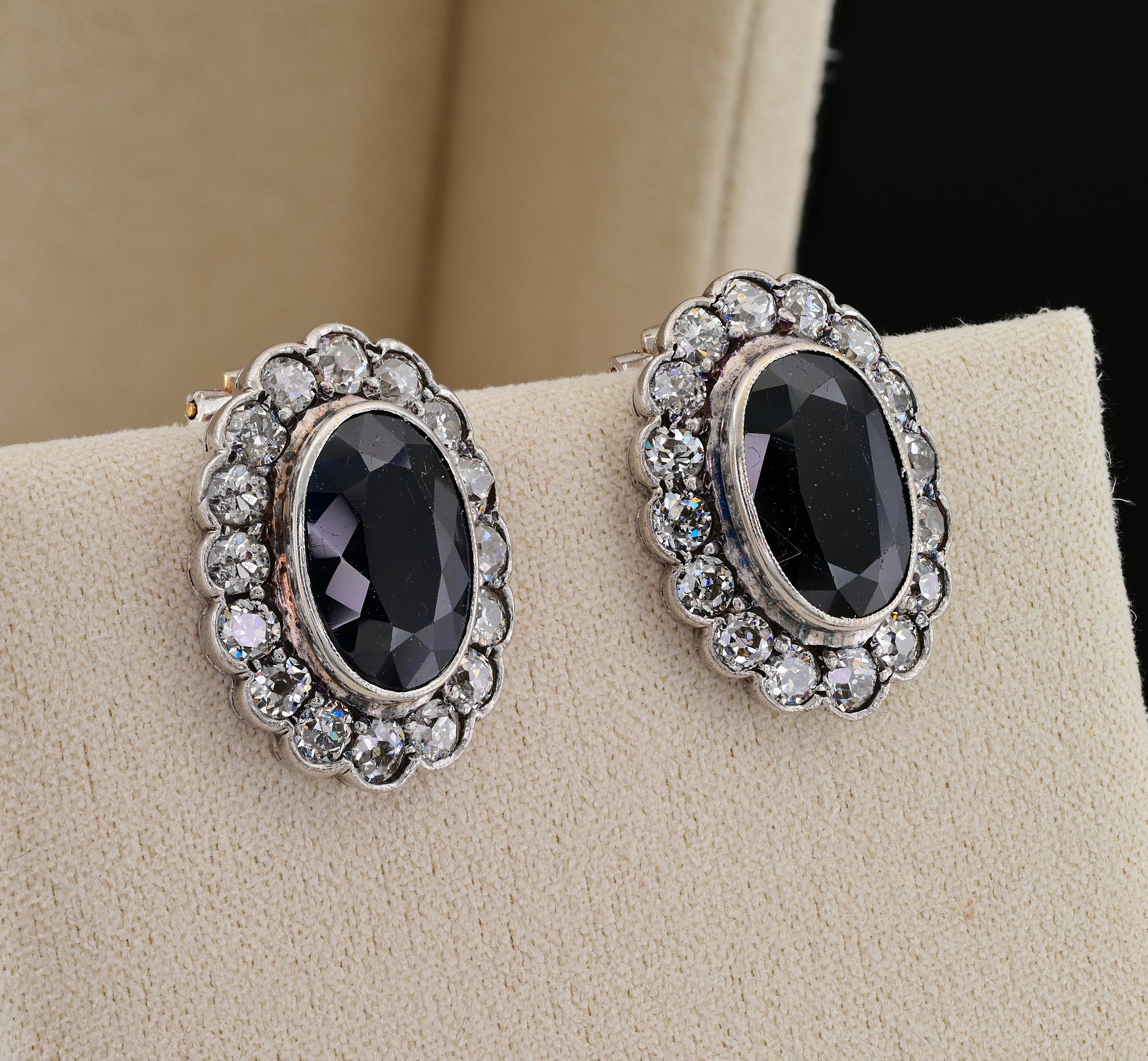 Oval Cut Vintage Diamond Sapphire Platinum18 KT Cluster Earrings For Sale