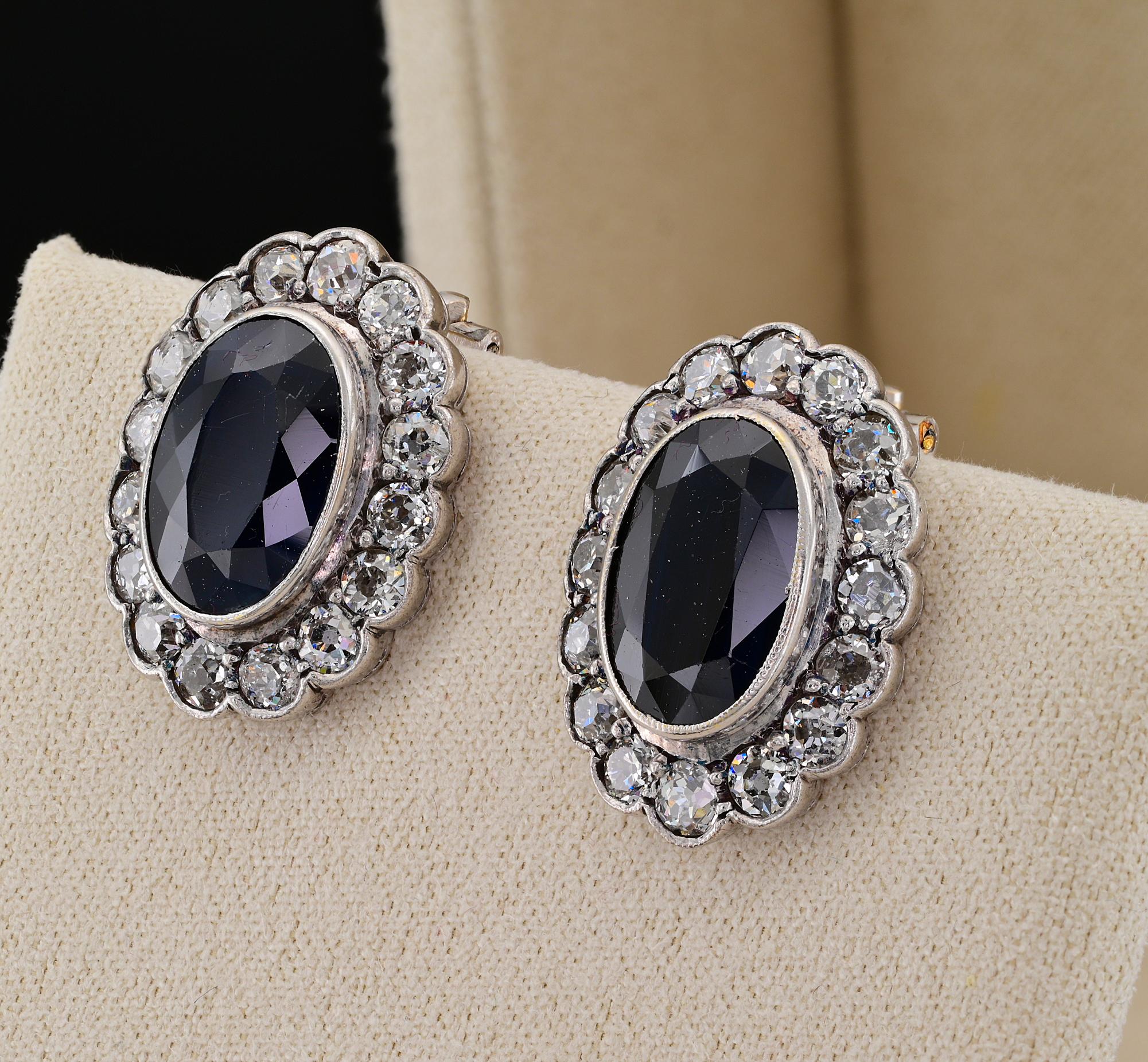 Women's or Men's Vintage Diamond Sapphire Platinum18 KT Cluster Earrings For Sale