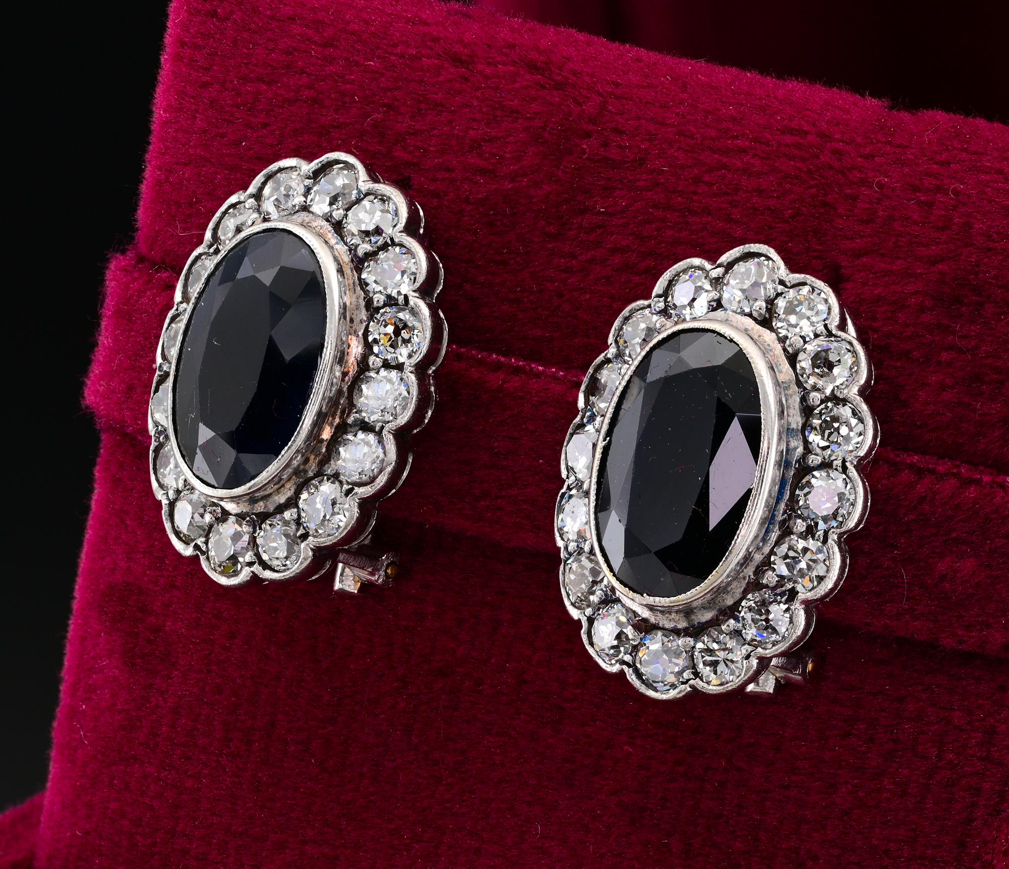 Vintage Diamond Sapphire Platinum18 KT Cluster Earrings For Sale 1