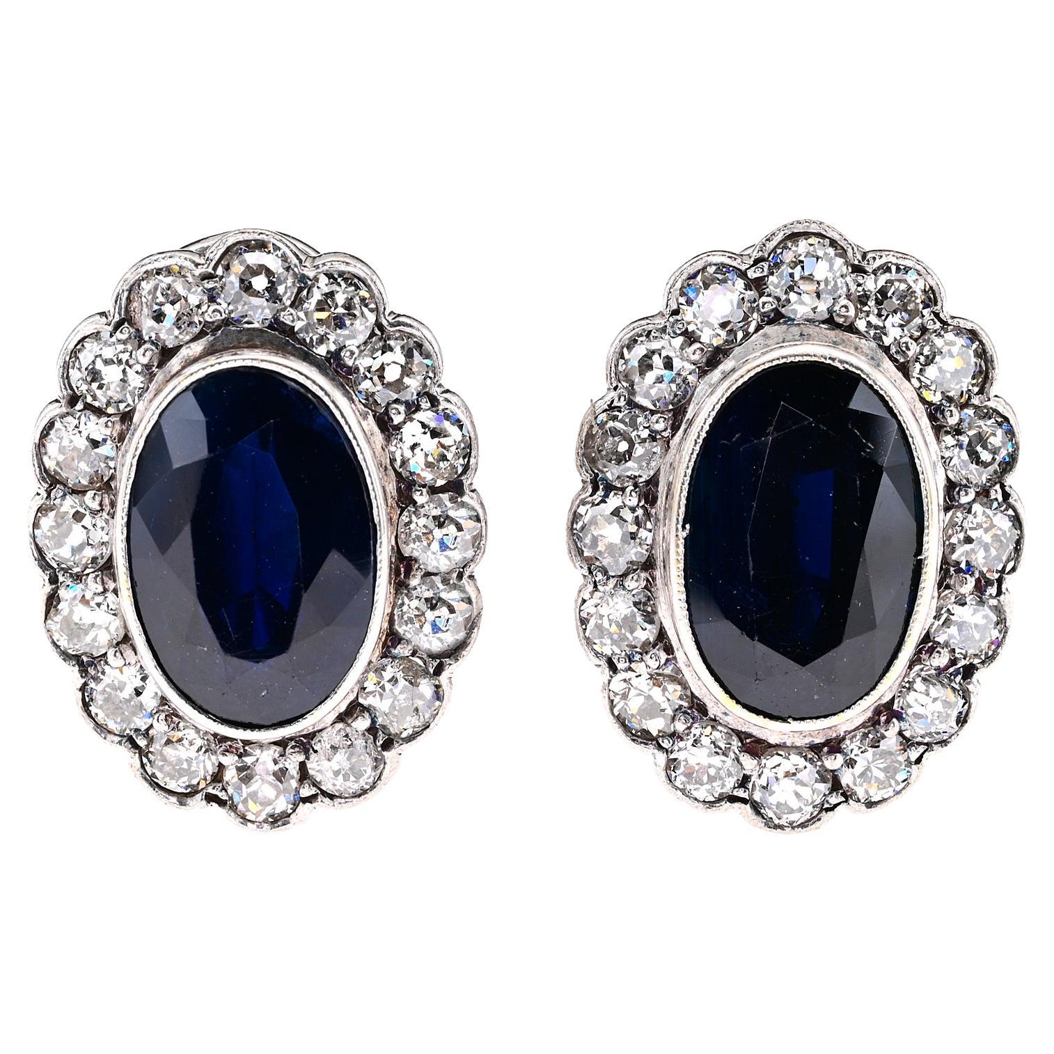 Vintage Diamond Sapphire Platinum18 KT Cluster Earrings