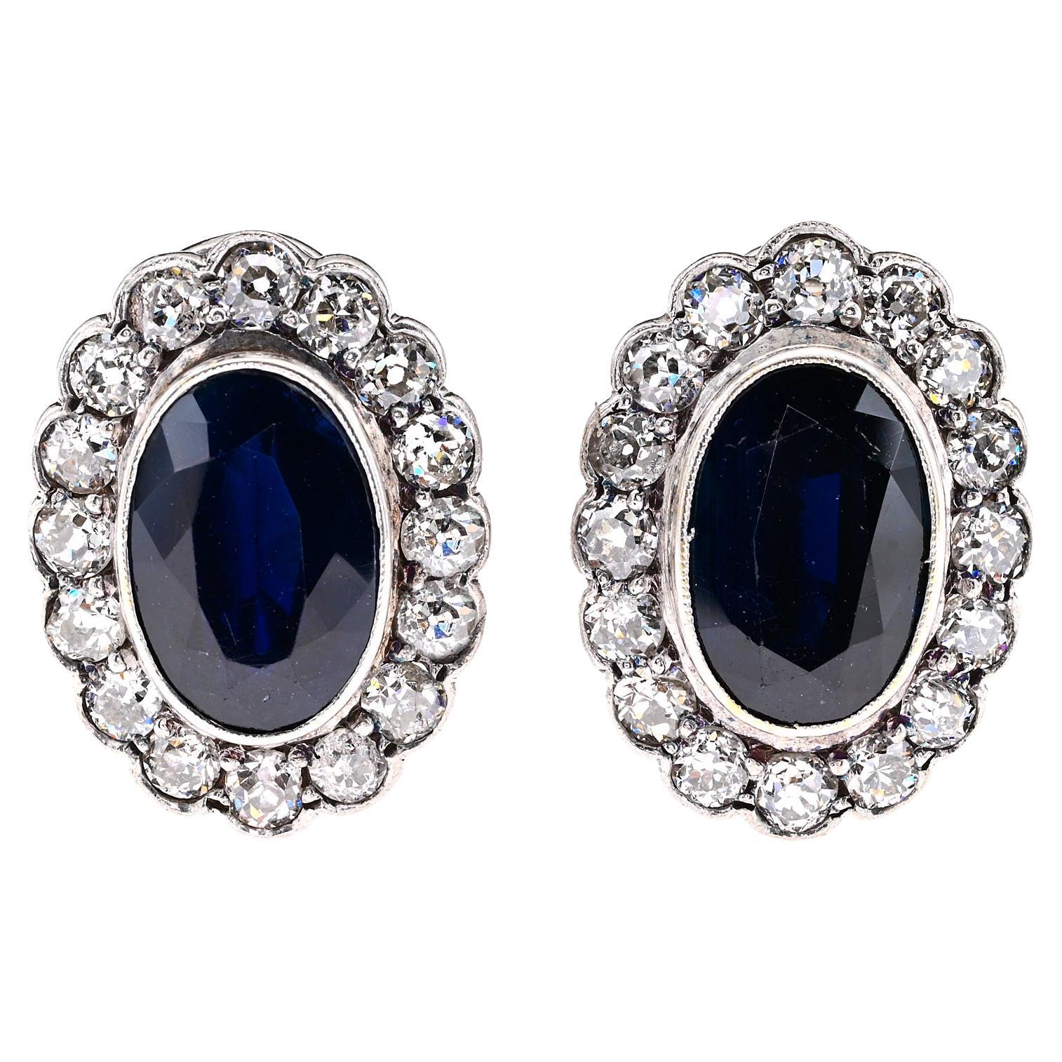 Vintage Diamond Sapphire Platinum  18 KT Cluster Earrings