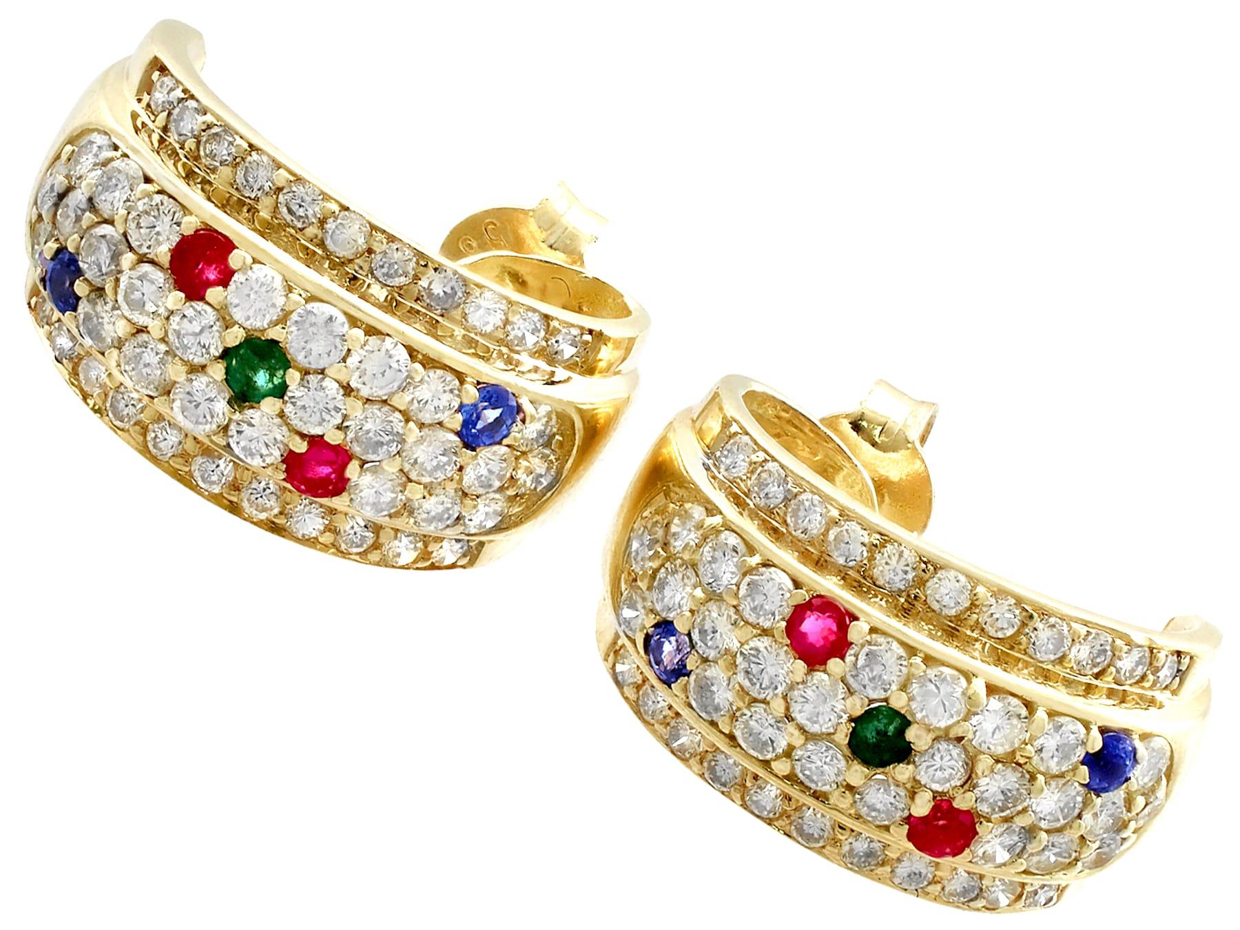 Retro Vintage Diamond Sapphire Ruby and Emerald Earrings in Yellow Gold For Sale