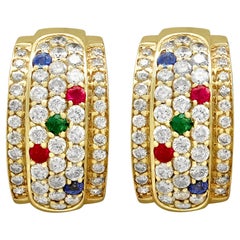 Retro Diamond Sapphire Ruby and Emerald Earrings in Yellow Gold