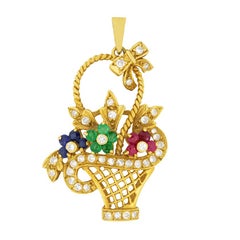 Vintage Diamond, Sapphire, Ruby and Emerald Flower Basket Pendant, circa 1970s