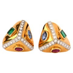 Vintage Diamond Sapphire Ruby Emerald 18 Karat Gold Triangle Earrings
