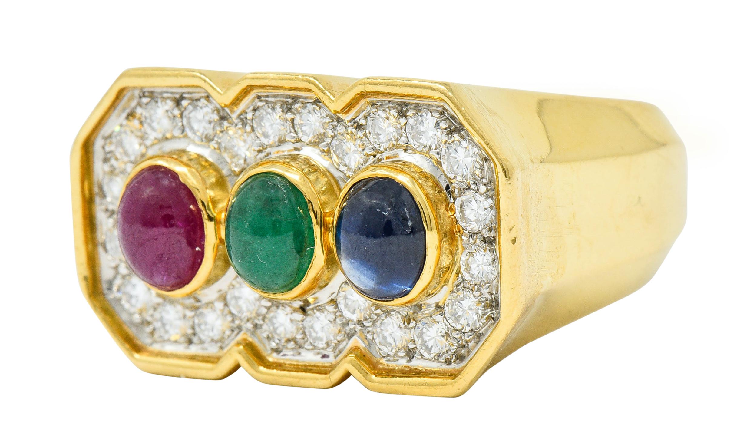 Women's or Men's Vintage Diamond Sapphire Ruby Emerald 18 Karat Two-Tone Gold Ring