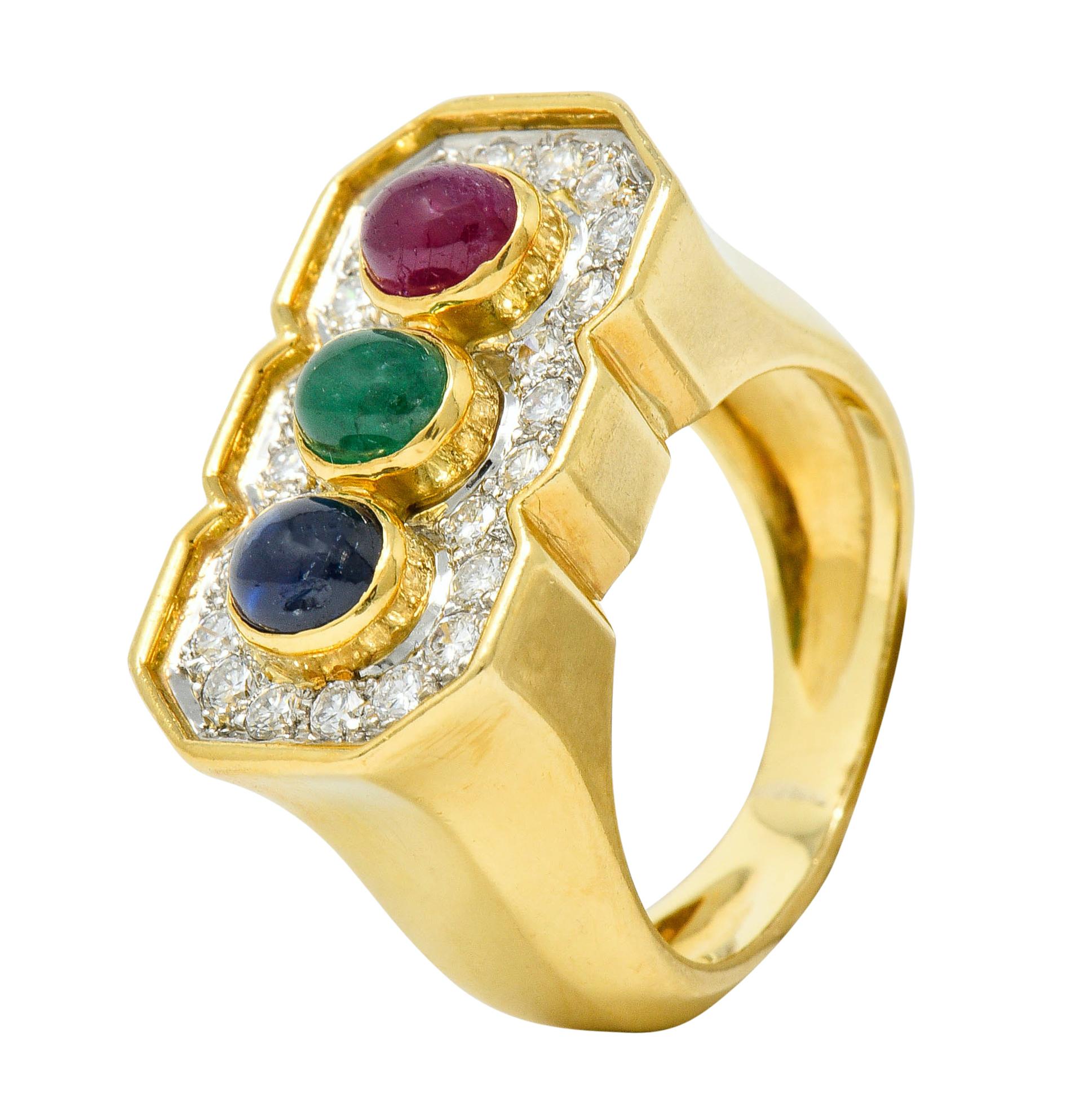 Vintage Diamond Sapphire Ruby Emerald 18 Karat Two-Tone Gold Ring 2