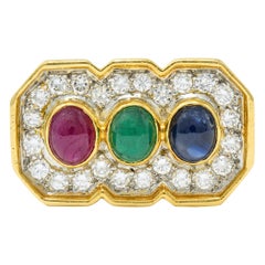 Vintage Diamond Sapphire Ruby Emerald 18 Karat Two-Tone Gold Ring