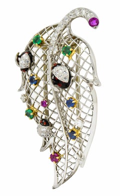 Vintage Diamond Sapphire Ruby Emerald Platinum Ladybug Leaf Brooch