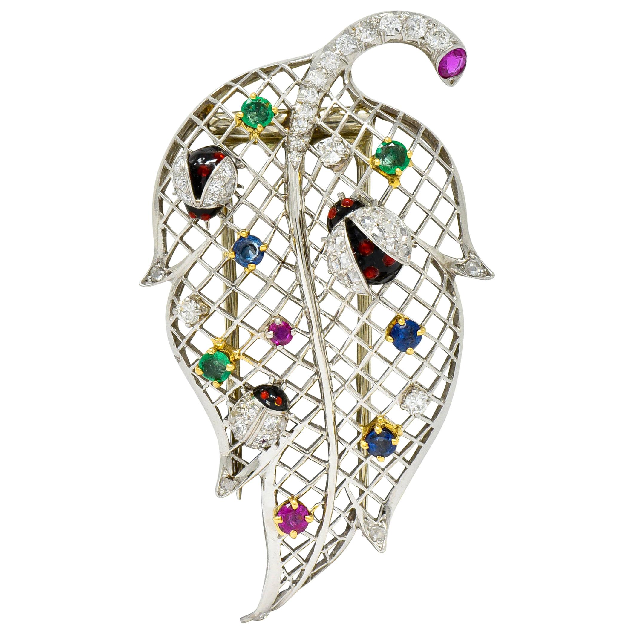 Vintage Diamond Sapphire Ruby Emerald Platinum Ladybug Leaf Brooch at