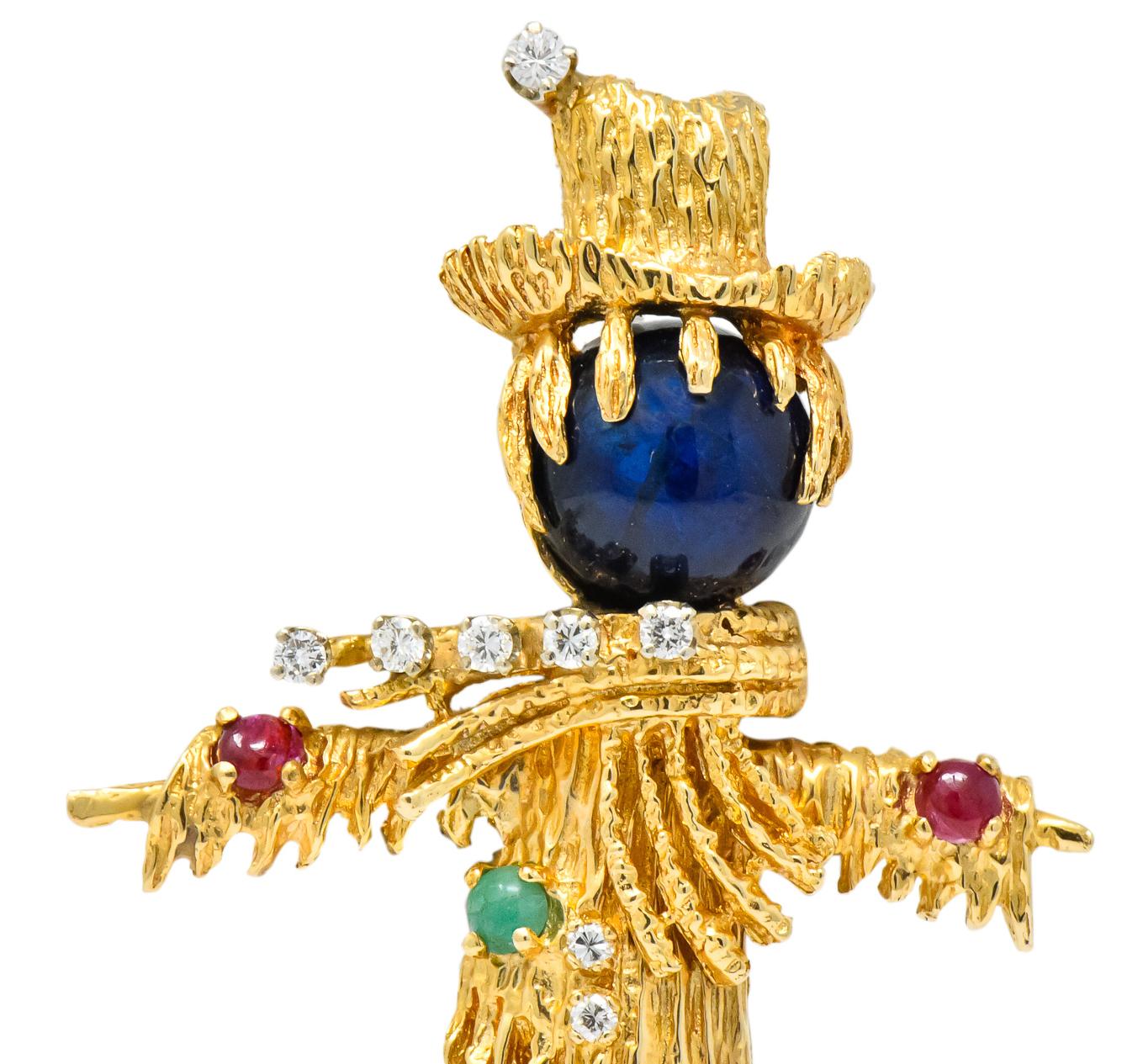 Contemporary Vintage Diamond Sapphire Ruby Multi-Gem 14 Karat Gold Scarecrow Brooch